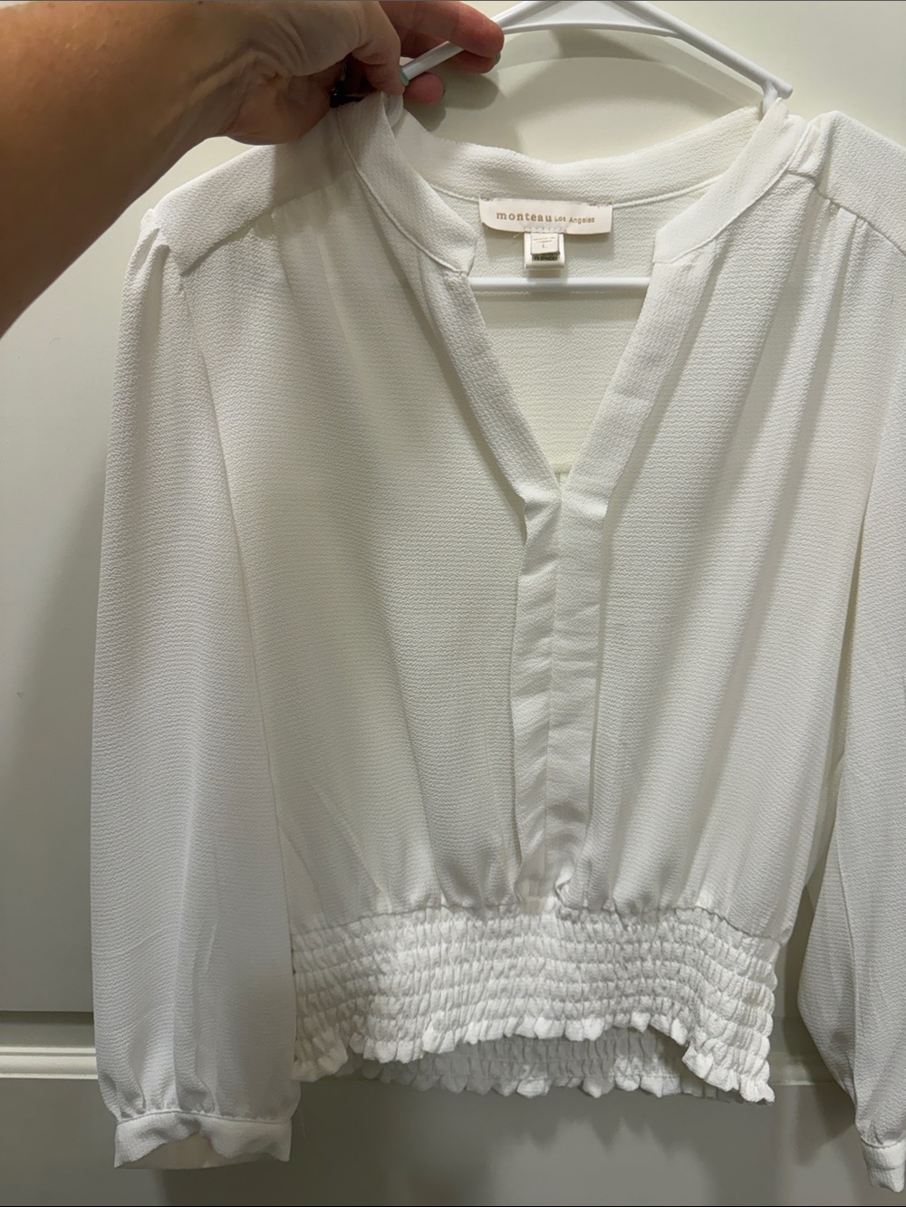 Montceaux White V-Neck Smocked-Hem Blouse